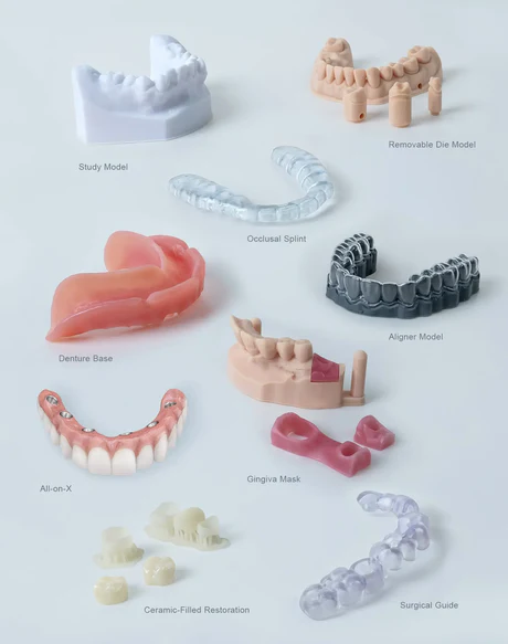 In-office 3D dental printer fabricating a surgical implant guide, study model, and custom dental appliance chairside at Frisco Dental Hub, 4500 Hillcrest Rd Suite 190, Frisco TX 75035 — same-day precision parts with no lab wait